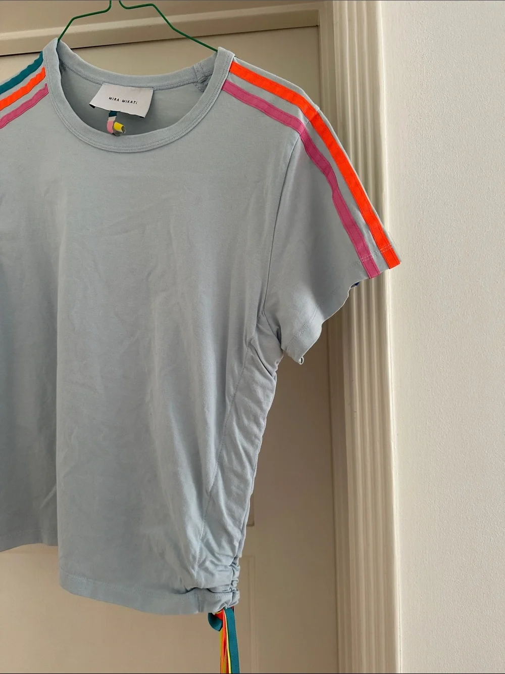 Mira Mikati Light Blue Tee with Teal, Orange & Pink Shoulder Stripes
